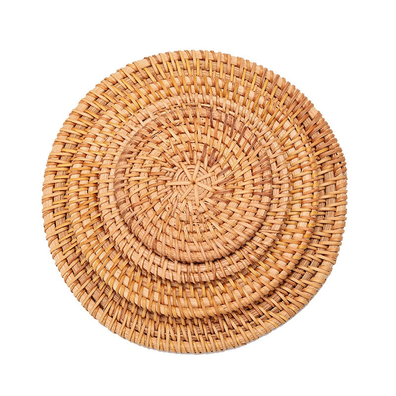 Line Cup Mat Round Natural Rattan,Hand Woven Hot Insulation Placemats Table Padding Kitchen Decoration Accessories