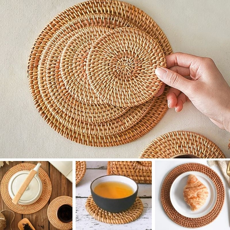 Line Cup Mat Round Natural Rattan,Hand Woven Hot Insulation Placemats Table Padding Kitchen Decoration Accessories