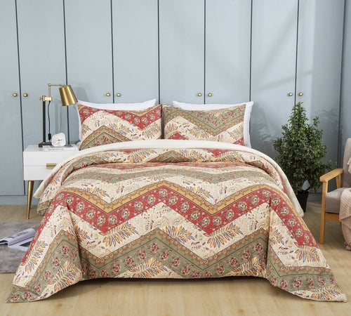 DaDa Bedding Botanical Cranberry Sage Chevron Floral Duvet Cover Set