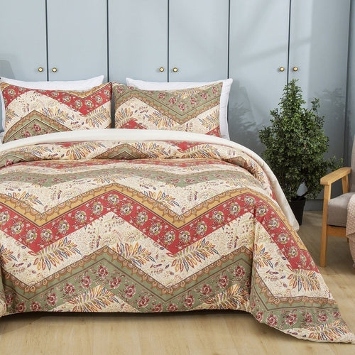 DaDa Bedding Botanical Cranberry Sage Chevron Floral Duvet Cover Set