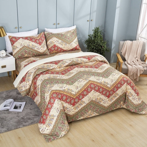 DaDa Bedding Botanical Cranberry Sage Chevron Floral Duvet Cover Set