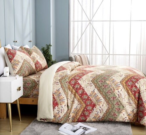 DaDa Bedding Botanical Cranberry Sage Chevron Floral Duvet Cover Set