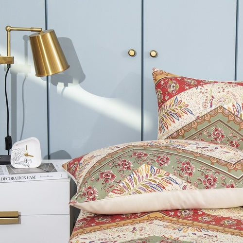 DaDa Bedding Botanical Cranberry Sage Chevron Floral Duvet Cover Set