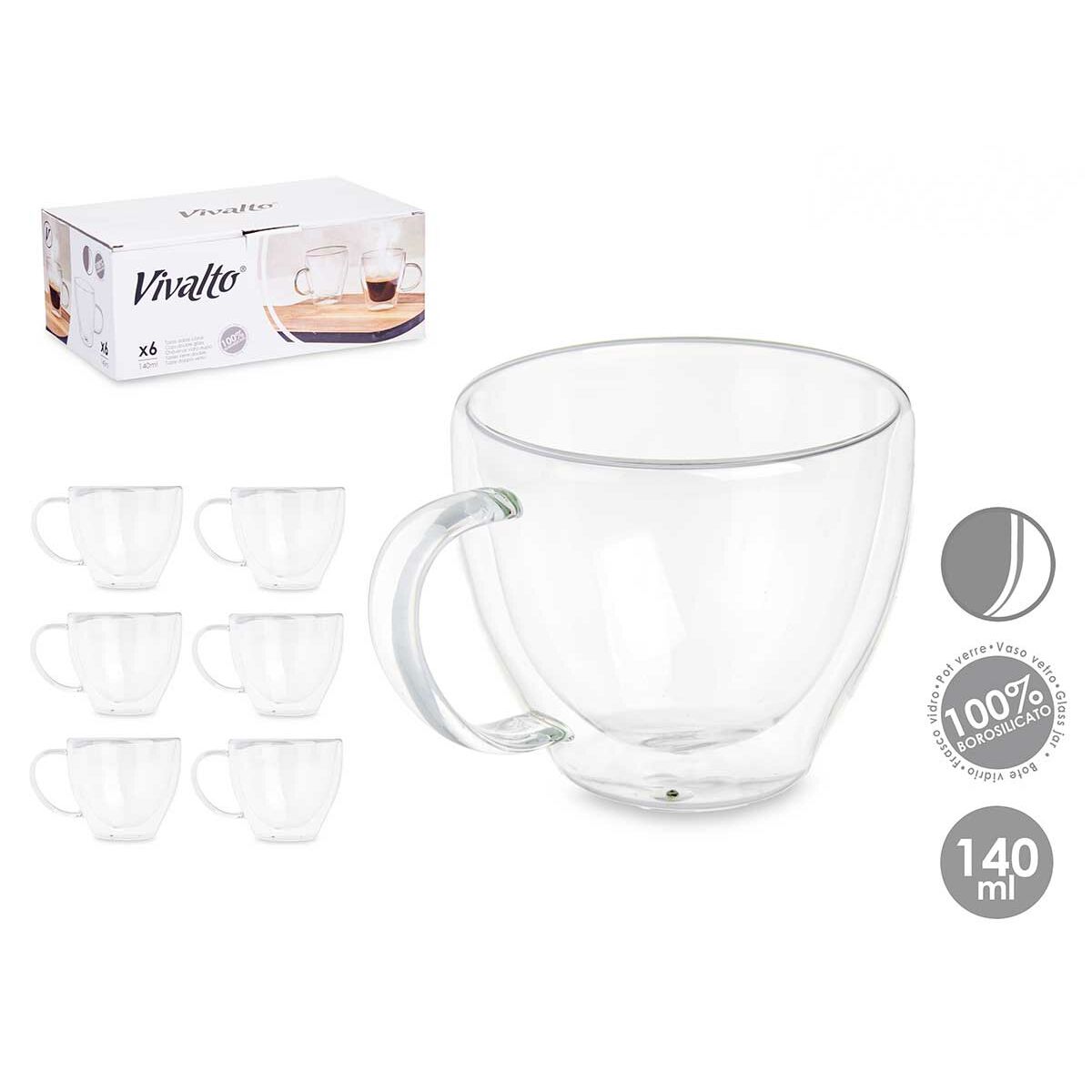 Tea and coffee cup Vivalto Transparent Borosilicate Glass 140 ml (6 Units)