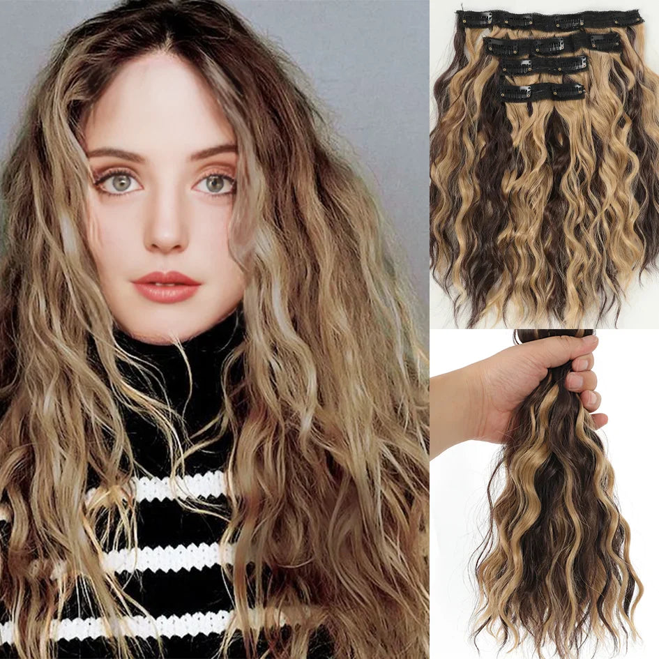 Short Honey Gold Wavy Hair Extensions Set