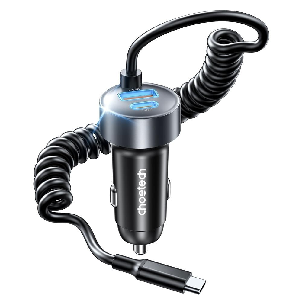 NNEDSZ CHOETECH TC0030 65W 3-Port Fast Car Charger with 3.3ft Type-C Stretchable Cable