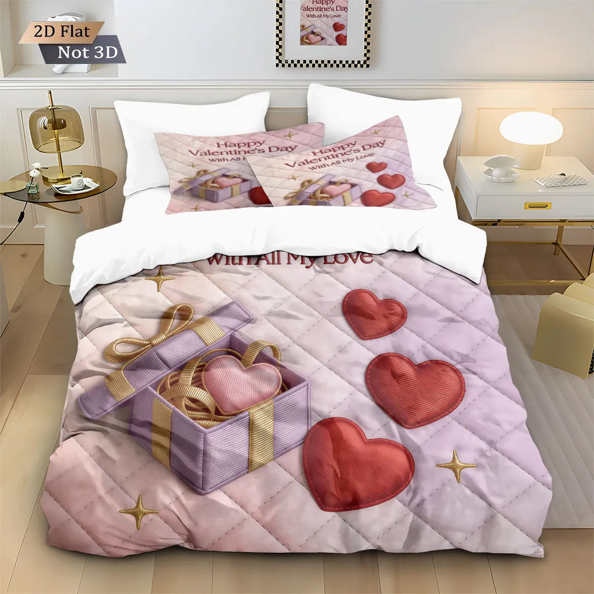 3pcs Valentine's Day Romantic Love Printed Coreless Down Duvet Cover Set Comfortable Bedroom Bedding Decoration Machine Washable