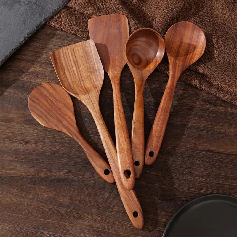 5 Pcs Natural Wooden Utensil Set, Safe for Non-Stick Pans. Kitchen Cooking Spatula Spoon Turner, 37cm