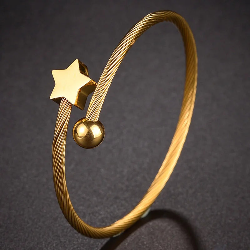 Fashion 2023 New Gold Color Star Charm Bangle For Women Stainless Steel Flower Circle Bracelet Girl Party Jewelry Gift