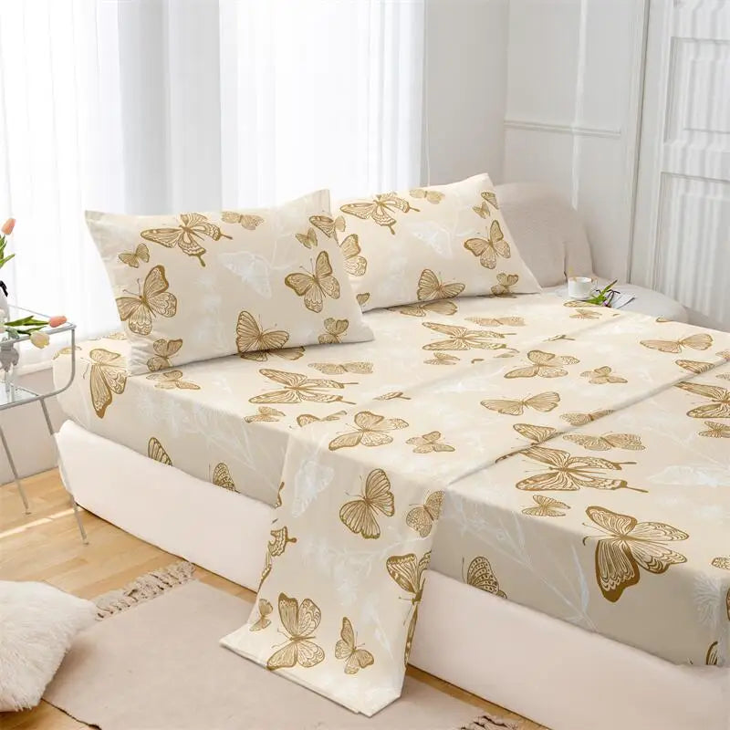 4pcs Butterfly brushed Fitted sheet+flat sheet+pillowcase set skin friendly breathable Queen Size Flat bed sheet Pillowcases