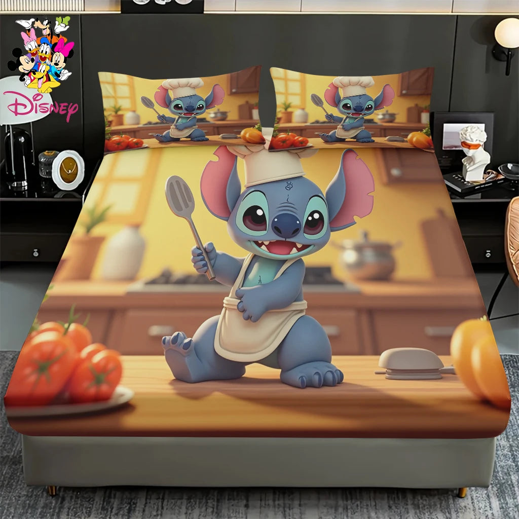 2/3pcs Disney Stitch Chef Fitted Sheet Set 100% Polyester Skin-Friendly & Breathable Bedding Comfortable Cute Soft