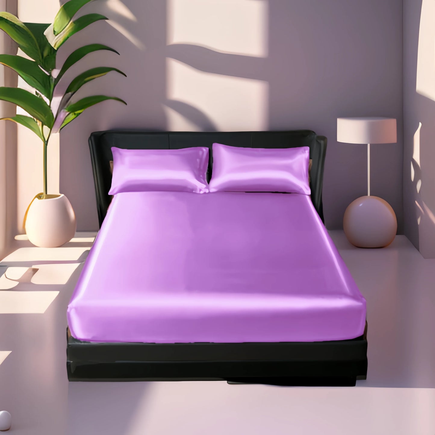 Kuup 3pc Satin luxury Solid Color Bed Fitted Sheet and Pillowcase Upscale Adjustable Mattress Covers 4 Corners With Elastic Band