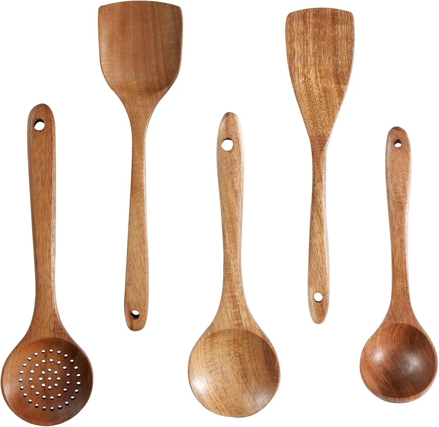 5 Pcs Natural Wooden Utensil Set, Safe for Non-Stick Pans. Kitchen Cooking Spatula Spoon Turner, 37cm