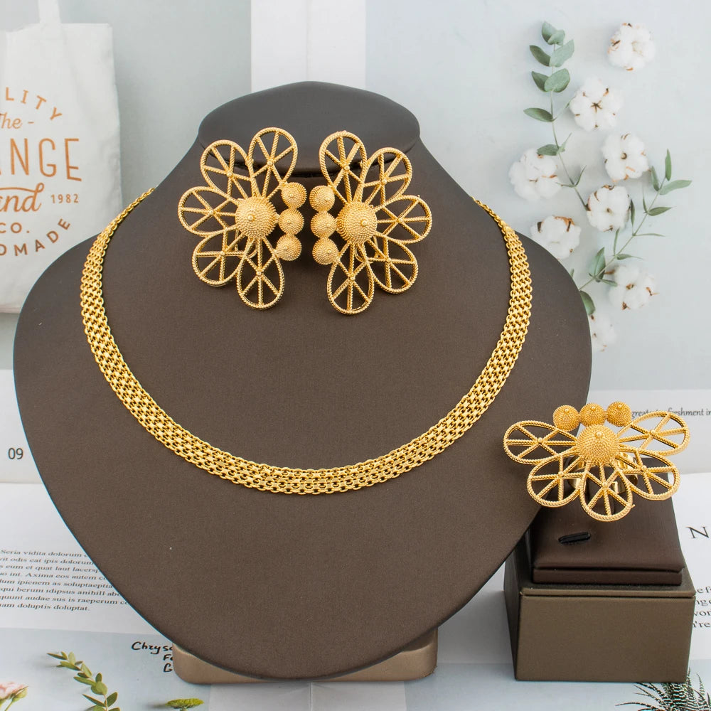 Luxury Handmade Big Earrings Ring Set 18K Gold Plated Dubai Chain Wedding Jewelry Bridal Accessory Arab Turkis Earrings Women