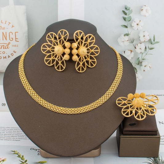 Luxury Handmade Big Earrings Ring Set 18K Gold Plated Dubai Chain Wedding Jewelry Bridal Accessory Arab Turkis Earrings Women