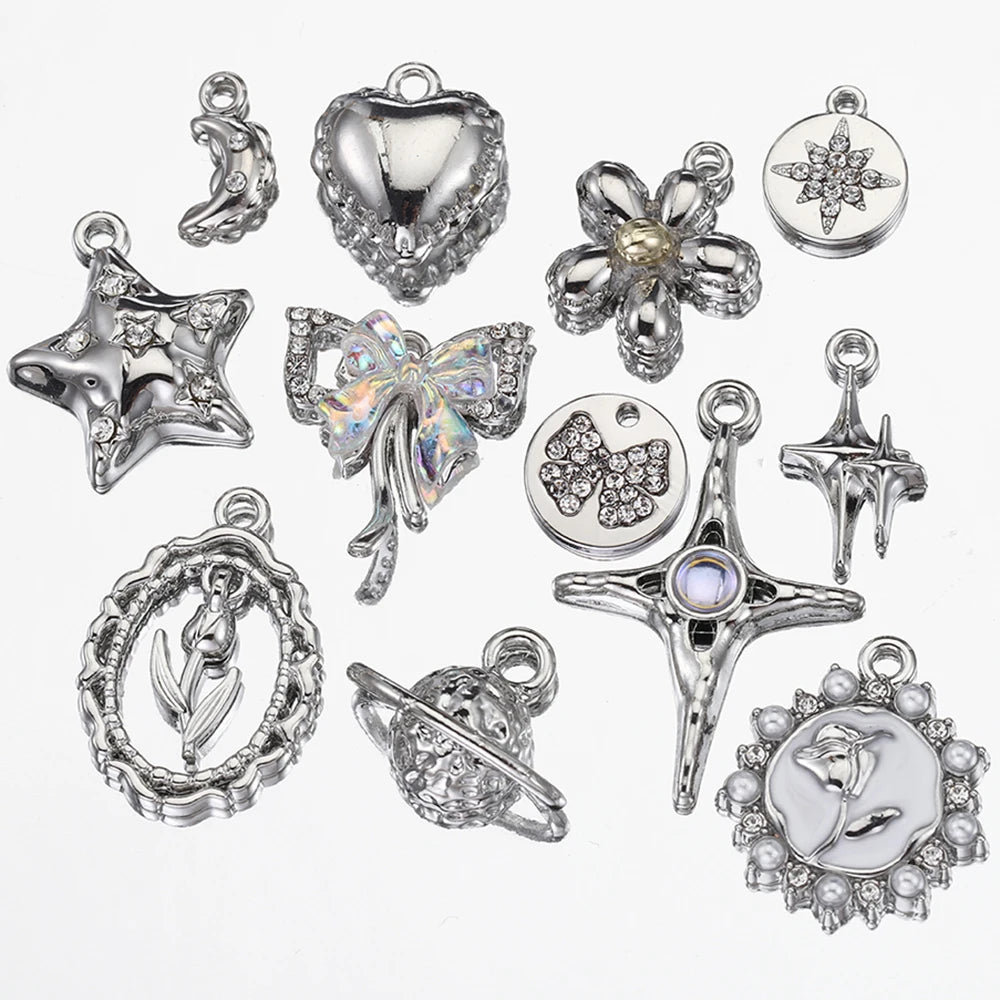 2pcs Rhinestone Chrams Silver Color Crystal Beads Pendants Y2K Style Jewelry Making Accessories Charms for DIY Necklace Bracelet