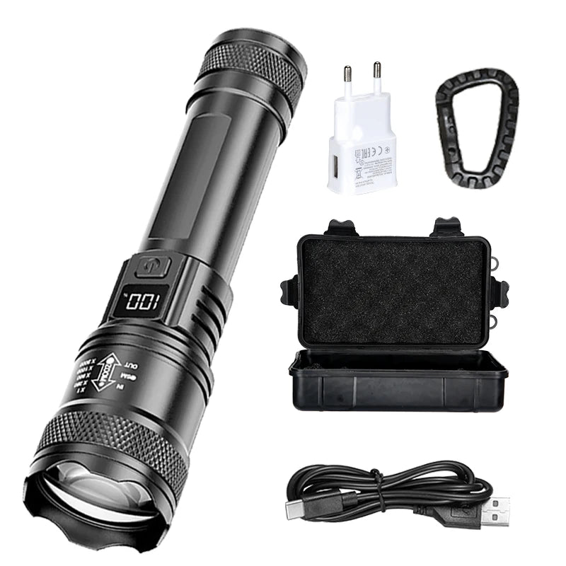 Rechargeable LED Flashlight Zoomable Torch with LCD Display 3 Modes Waterproof High Power Hand Light Outdoor Wilderness Camping