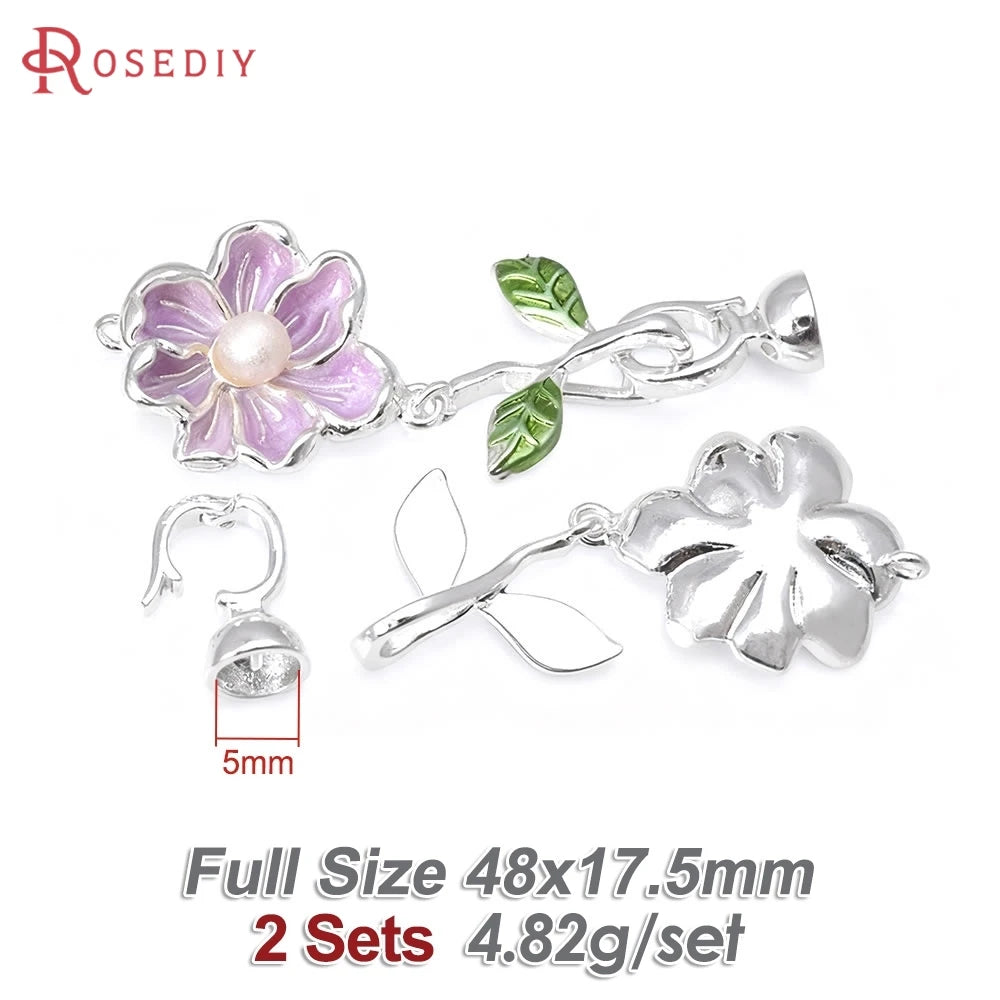 2 Sets 18K Gold Color Brass with Oil Paintings Plastic Imitation Pearls Flower Connect Clasps for Leather Rope Jewelry Making