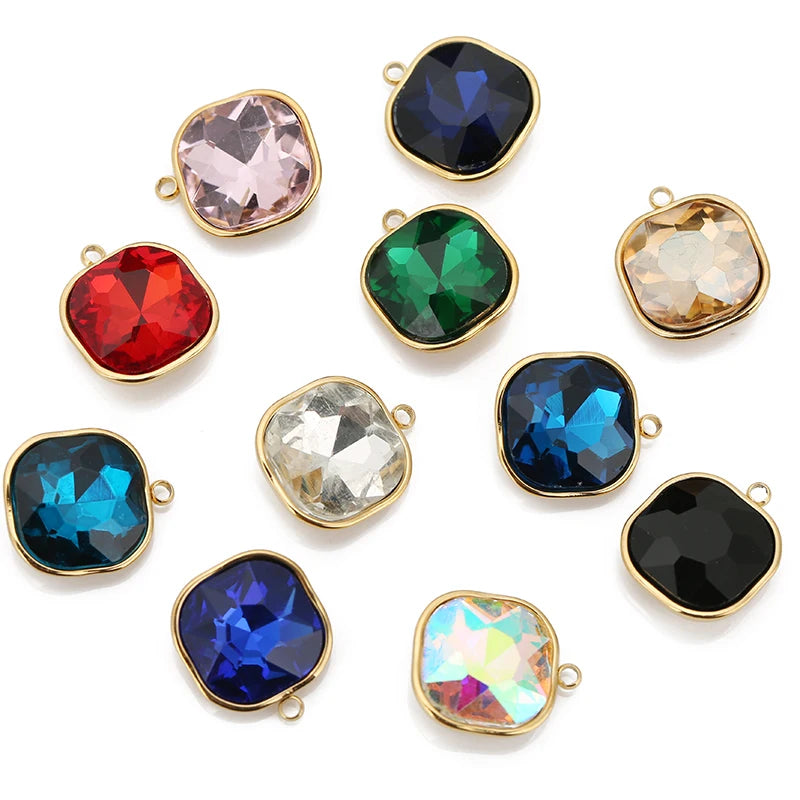 5pcs/lot Stainless Steel Square Pendant Rectangle Faceted Glass Crystal Charms for Bracelets Earring Necklace Jewelry Making