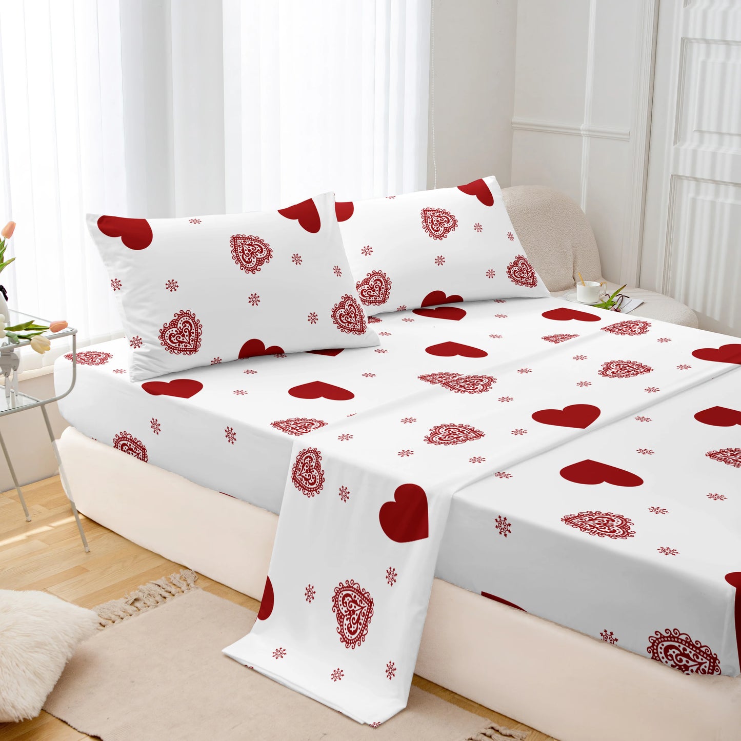 4pcs heart symbol brushed Fitted sheet+flat sheet+pillowcase set skin friendly breathable Queen Size Flat bed sheet Pillowcases