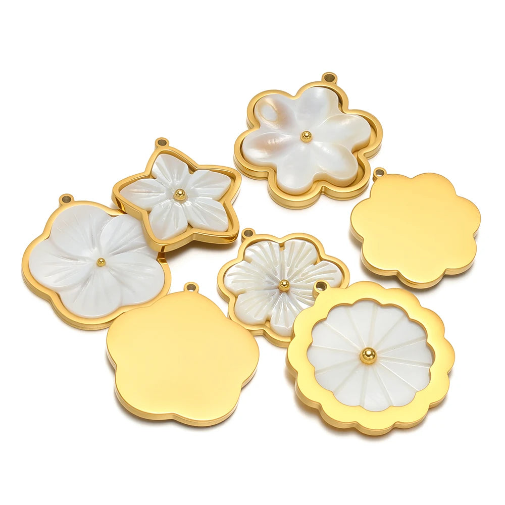 3pcs Stainless Steel Flowers Flat White Shell Charms for DIY Women Jewelry Necklace Findings Earrings Pendant Making Supplies