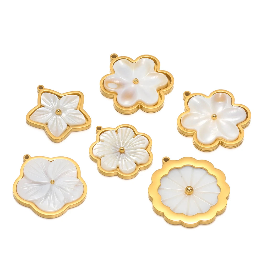 3pcs Stainless Steel Flowers Flat White Shell Charms for DIY Women Jewelry Necklace Findings Earrings Pendant Making Supplies