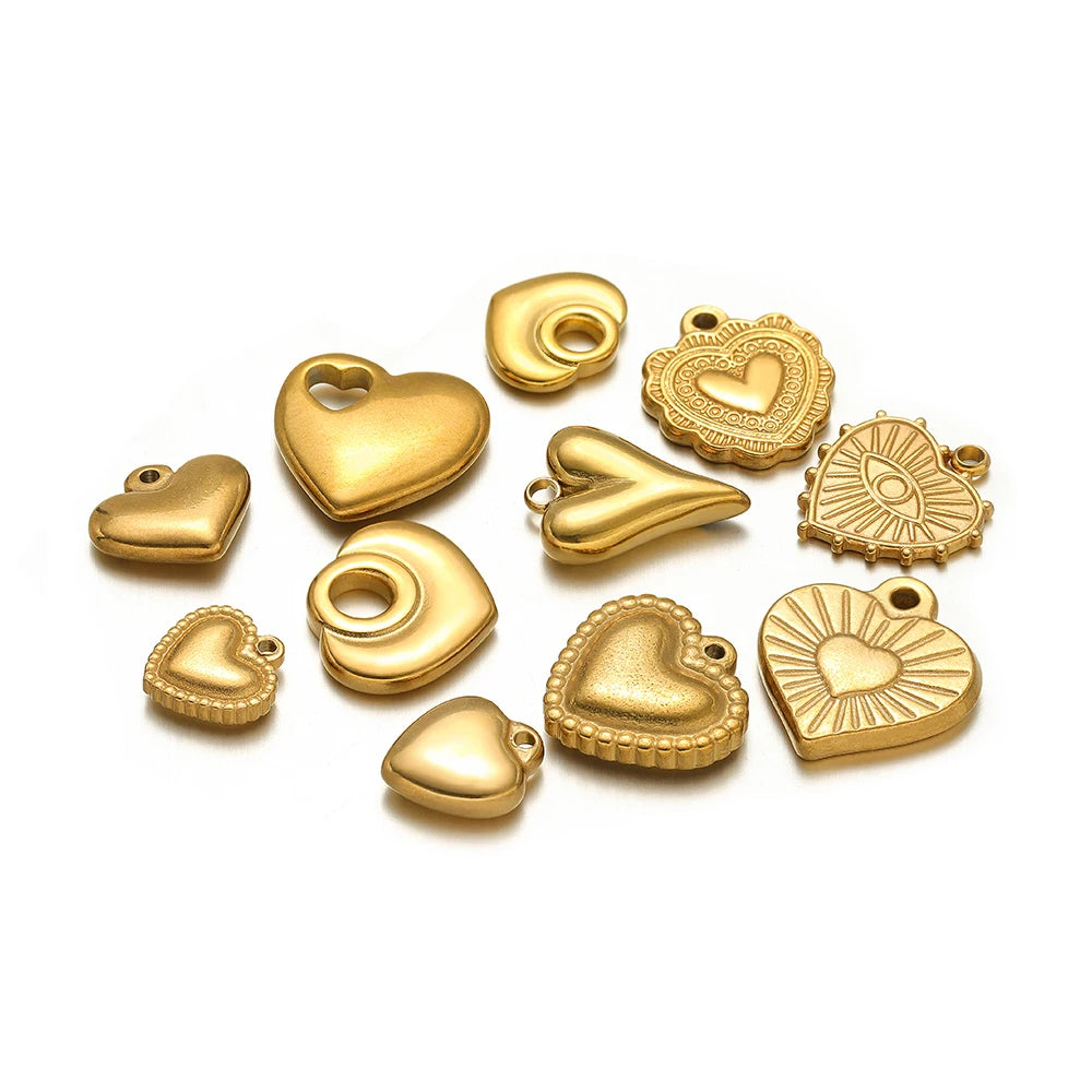 5pcs 18K Gold Stainless Steel Exquisite Heart Pendants Necklace Charms for DIY Women Jewelry Making Bracelet Earrings Findings