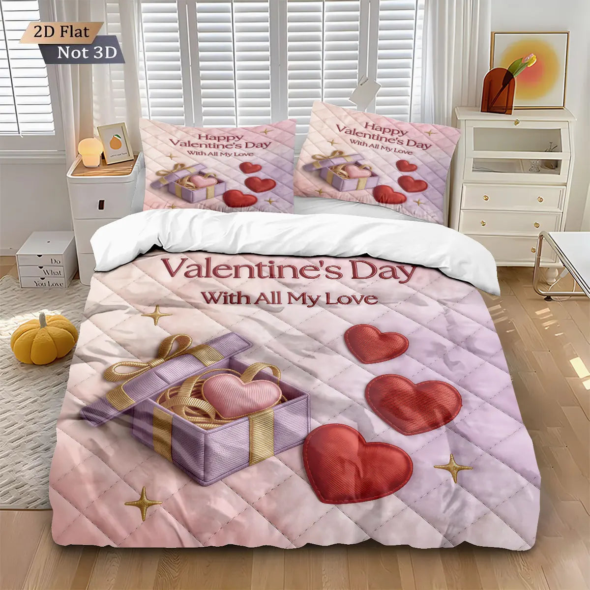 3pcs Valentine's Day Romantic Love Printed Coreless Down Duvet Cover Set Comfortable Bedroom Bedding Decoration Machine Washable
