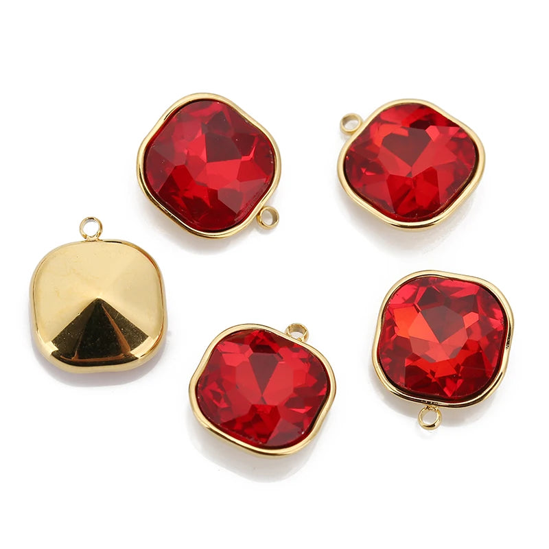 5pcs/lot Stainless Steel Square Pendant Rectangle Faceted Glass Crystal Charms for Bracelets Earring Necklace Jewelry Making