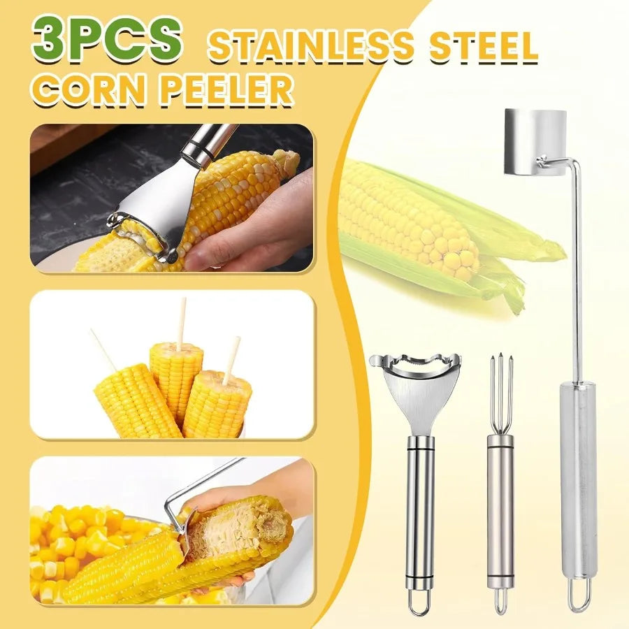 3PCS Corn Peeler Stainless Steel Multutiol Kitchen Grip Corn Planer- Easy to Use Durable Efficient Dishwasher Safe Gadgets for