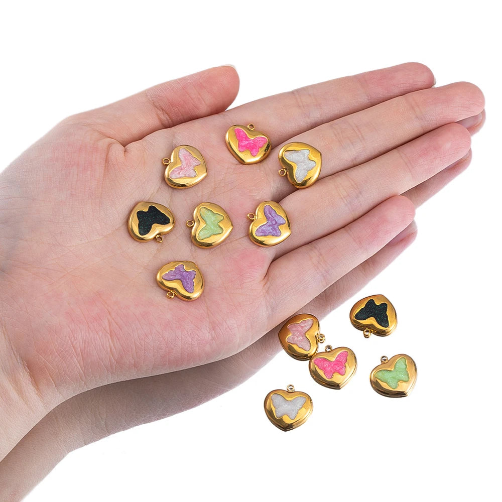 2pcs Enamel Butterfly Lava Love Heart Charms 304 Stainless Steel Pendant Base Crystal Bead DIY Jewelry Making Earrings Necklaces