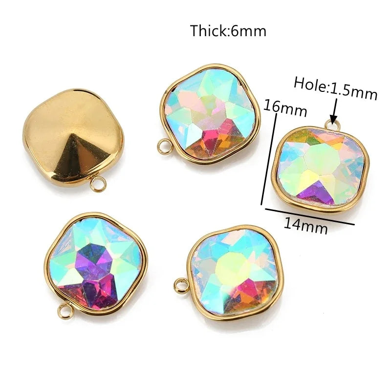 5pcs/lot Stainless Steel Square Pendant Rectangle Faceted Glass Crystal Charms for Bracelets Earring Necklace Jewelry Making