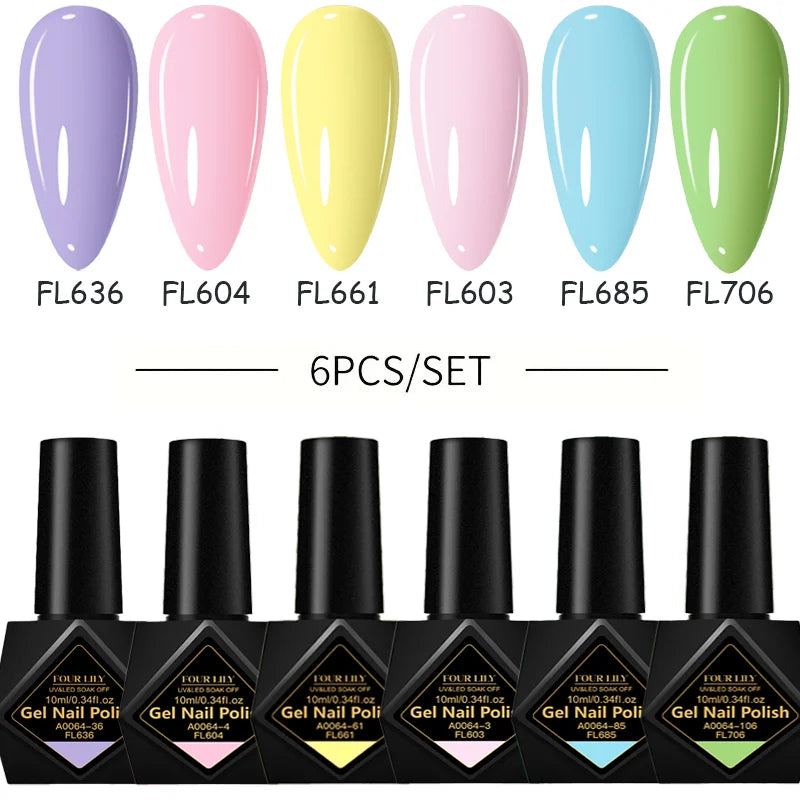 6Pcs/Set 10ML Gel Nail Polish Set Bright Pink Glitter Semi Permanent Soak Off UV LED Gel Varnish Nail Art Design Manicure Kit