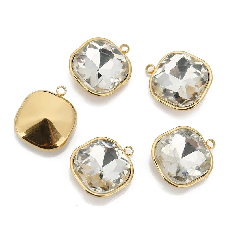 5pcs/lot Stainless Steel Square Pendant Rectangle Faceted Glass Crystal Charms for Bracelets Earring Necklace Jewelry Making