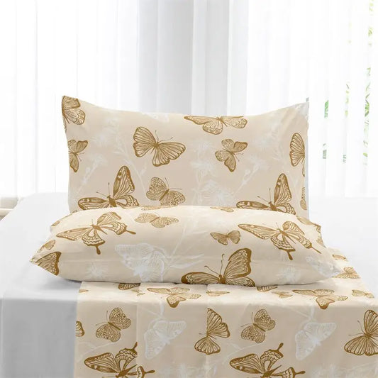 4pcs Butterfly brushed Fitted sheet+flat sheet+pillowcase set skin friendly breathable Queen Size Flat bed sheet Pillowcases