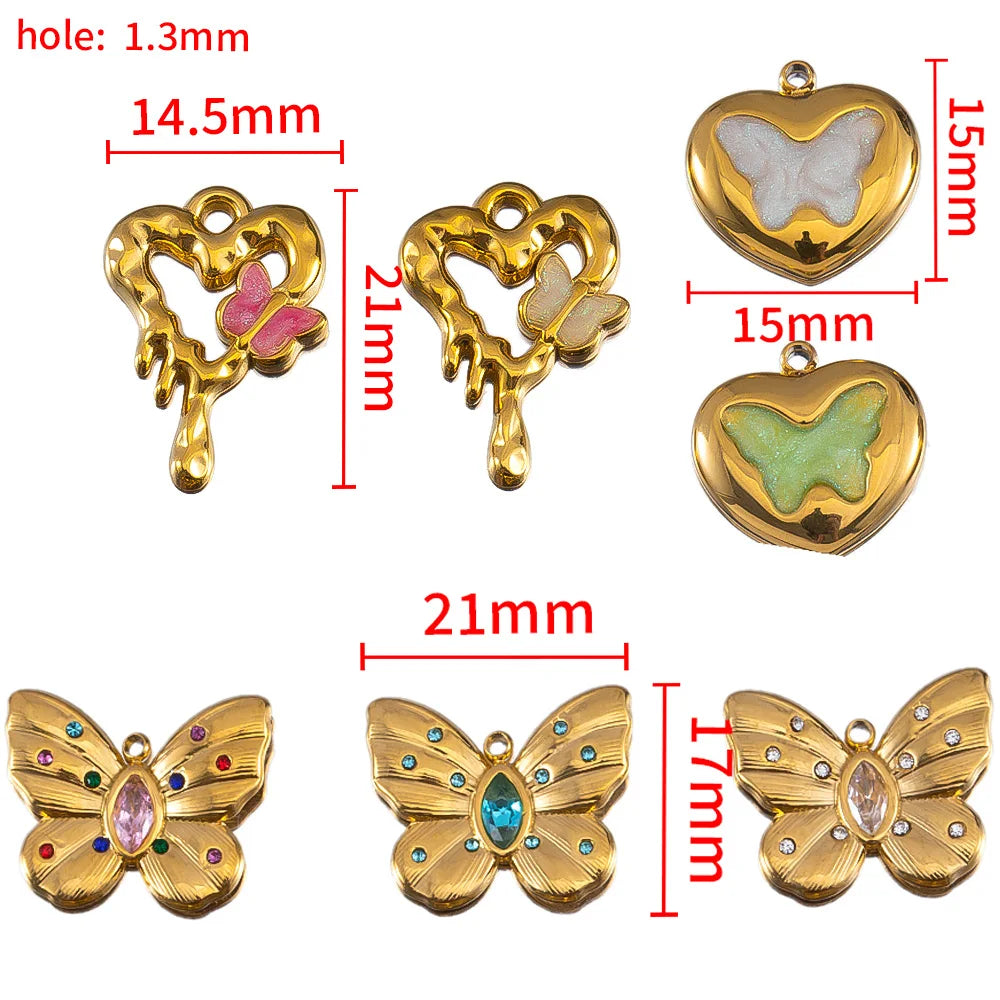 2pcs Enamel Butterfly Lava Love Heart Charms 304 Stainless Steel Pendant Base Crystal Bead DIY Jewelry Making Earrings Necklaces