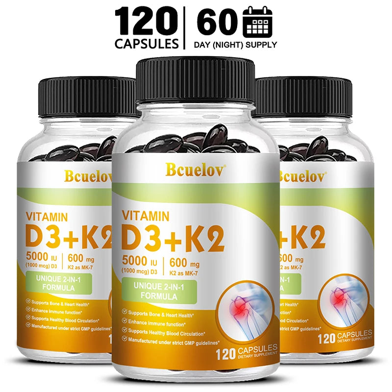 Bcuelov Vitamin D3+K2, 5000 IU Vitamin D3, non-GMO formula, easy-to-swallow vitamin D and K complex dietary supplement