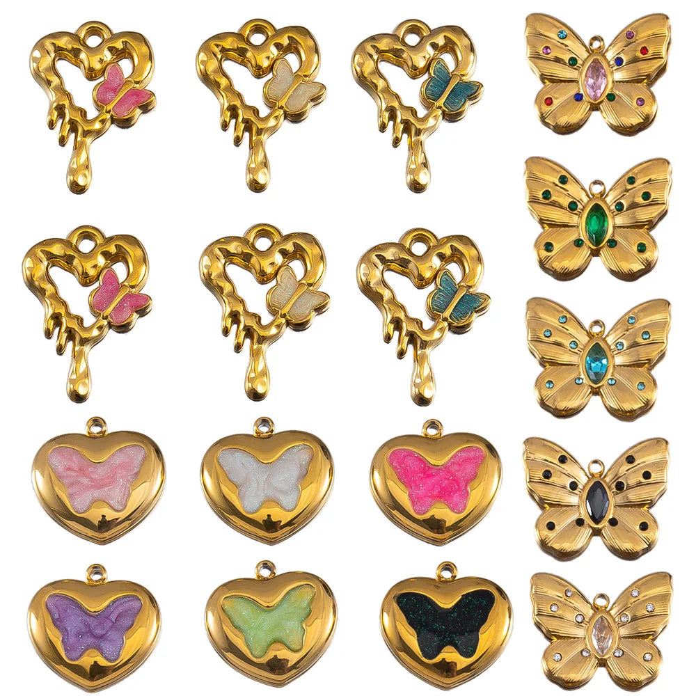 2pcs Enamel Butterfly Lava Love Heart Charms 304 Stainless Steel Pendant Base Crystal Bead DIY Jewelry Making Earrings Necklaces