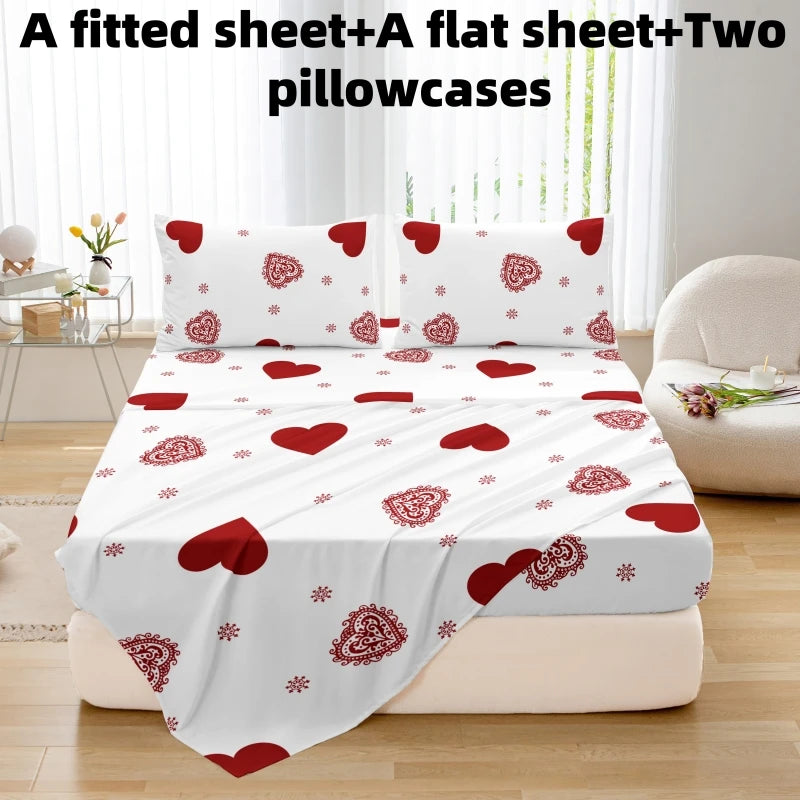4pcs heart symbol brushed Fitted sheet+flat sheet+pillowcase set skin friendly breathable Queen Size Flat bed sheet Pillowcases