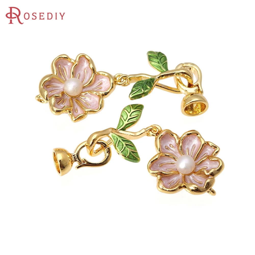 2 Sets 18K Gold Color Brass with Oil Paintings Plastic Imitation Pearls Flower Connect Clasps for Leather Rope Jewelry Making