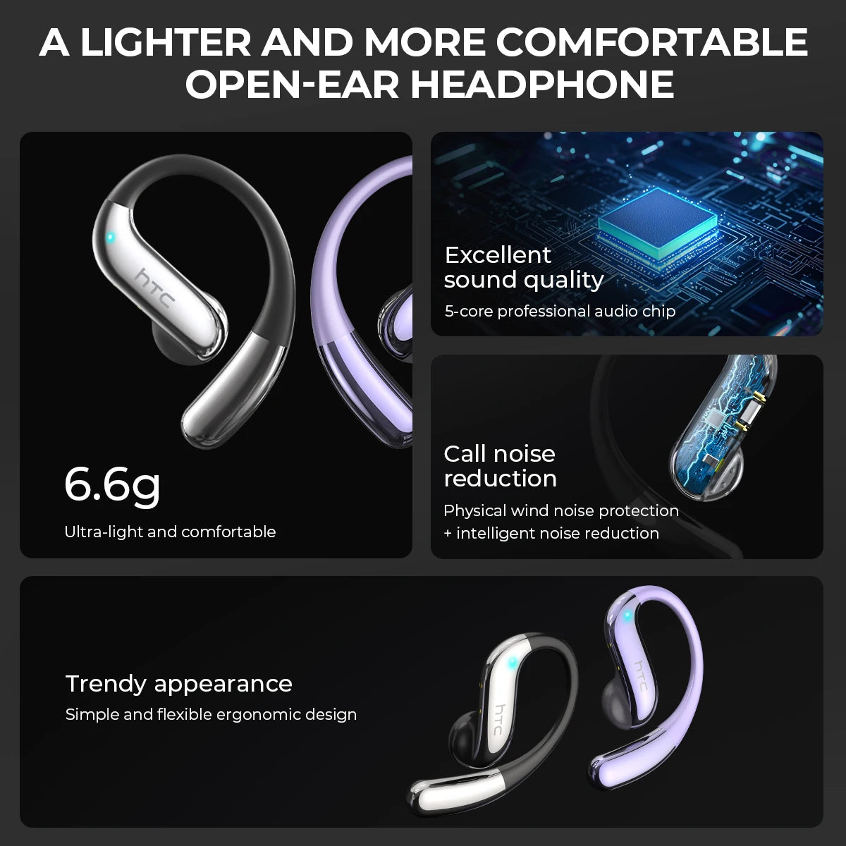 Open-ear Bluetooth Headphones HTC 30 Hrs Playback Wireless Earphones Noise Canceling Earbuds Clear Sound Quality for Music Sport