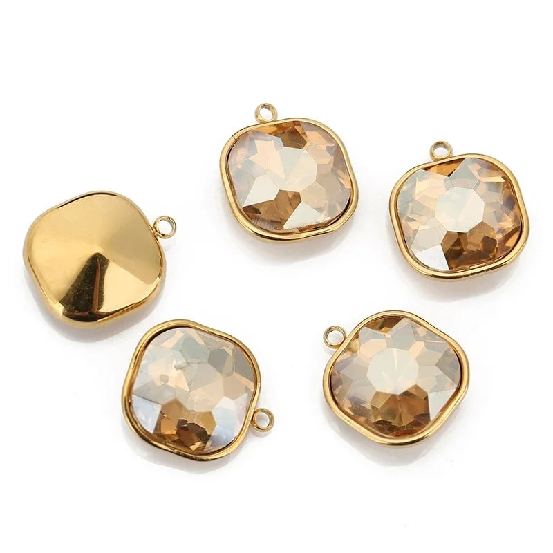 5pcs/lot Stainless Steel Square Pendant Rectangle Faceted Glass Crystal Charms for Bracelets Earring Necklace Jewelry Making