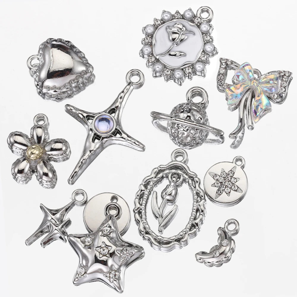 2pcs Rhinestone Chrams Silver Color Crystal Beads Pendants Y2K Style Jewelry Making Accessories Charms for DIY Necklace Bracelet