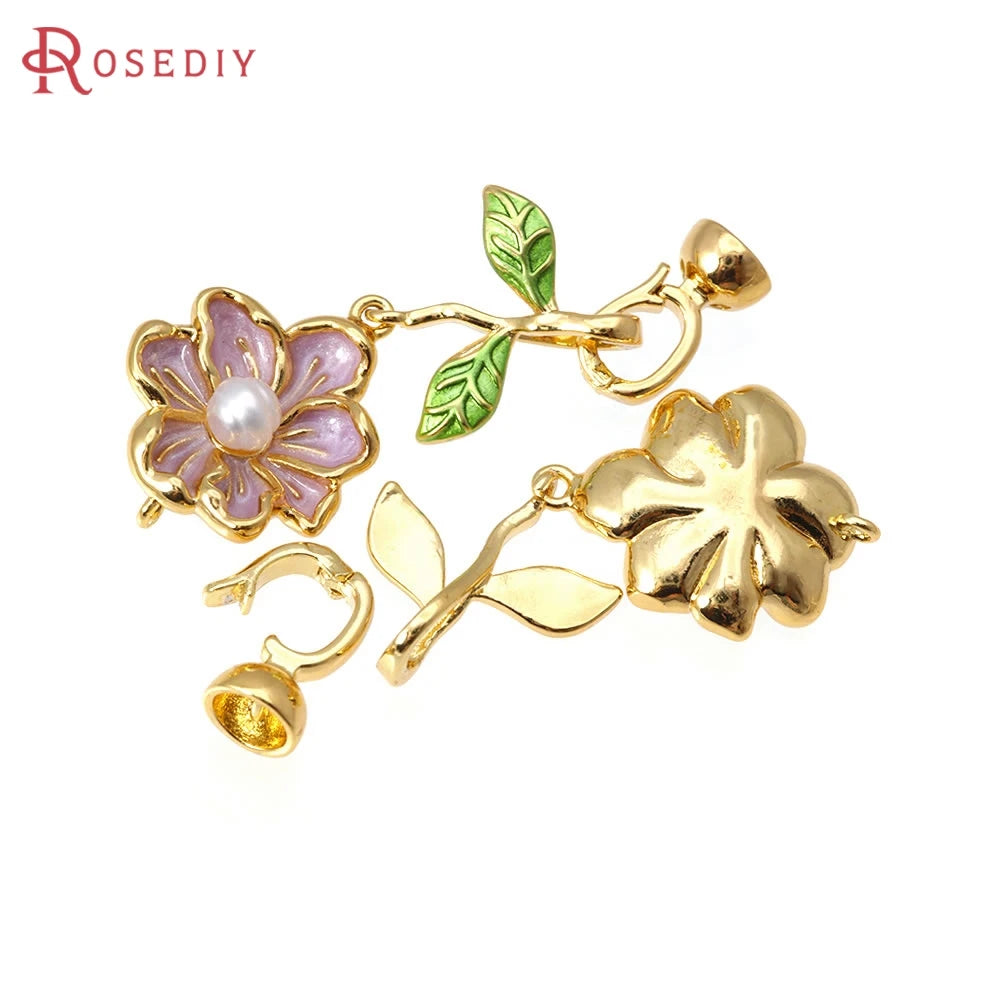2 Sets 18K Gold Color Brass with Oil Paintings Plastic Imitation Pearls Flower Connect Clasps for Leather Rope Jewelry Making