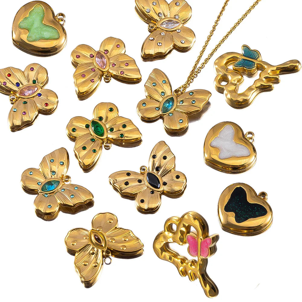 2pcs Enamel Butterfly Lava Love Heart Charms 304 Stainless Steel Pendant Base Crystal Bead DIY Jewelry Making Earrings Necklaces