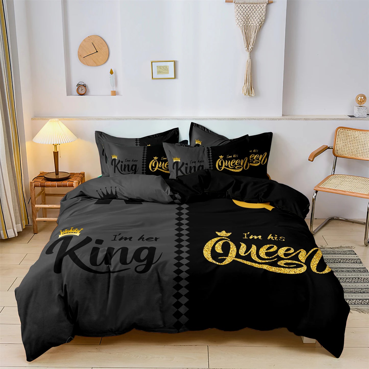 3pcs Fashionable Black Gray Queen & King Crown Printed Bedding Set  Duvet Cover Soft  Comfortable And Breathable, Bedroom, Hotel
