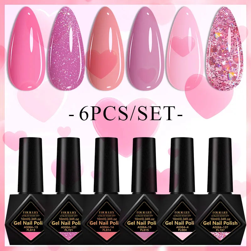 6Pcs/Set 10ML Gel Nail Polish Set Bright Pink Glitter Semi Permanent Soak Off UV LED Gel Varnish Nail Art Design Manicure Kit