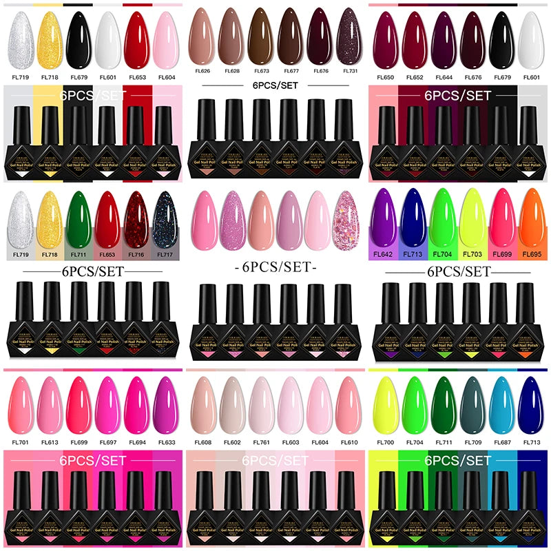6Pcs/Set 10ML Gel Nail Polish Set Bright Pink Glitter Semi Permanent Soak Off UV LED Gel Varnish Nail Art Design Manicure Kit