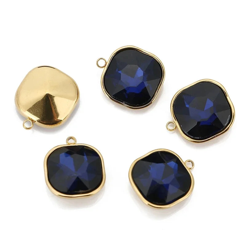 5pcs/lot Stainless Steel Square Pendant Rectangle Faceted Glass Crystal Charms for Bracelets Earring Necklace Jewelry Making