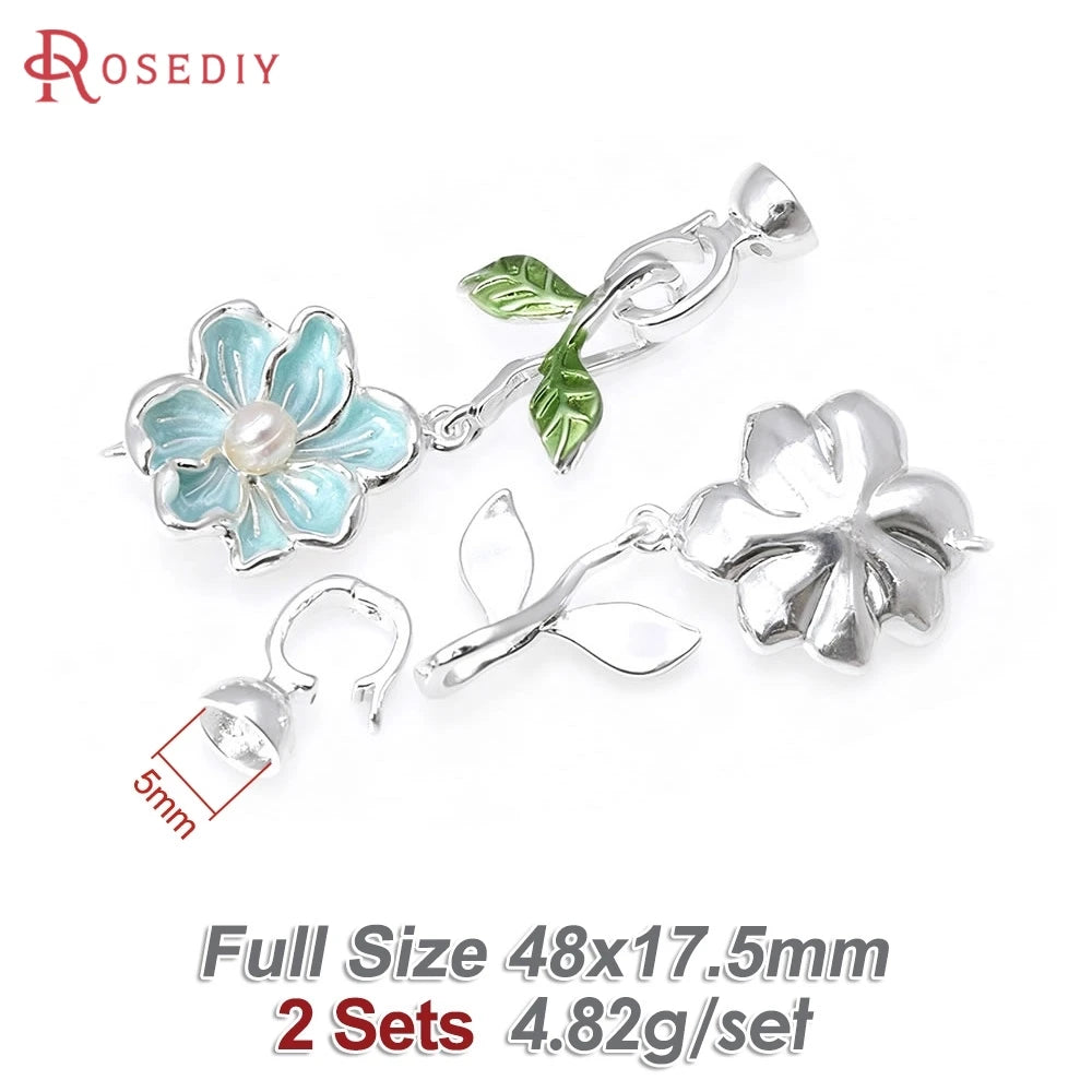 2 Sets 18K Gold Color Brass with Oil Paintings Plastic Imitation Pearls Flower Connect Clasps for Leather Rope Jewelry Making